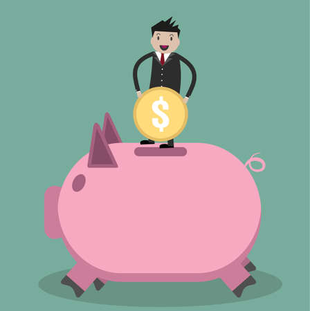 Cartoon Businessman on top of big piggy bank putting gold coin. Vector illustration in flat design on green backgound.のイラスト素材