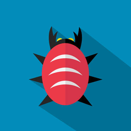 Red cartoon bug icon on blue background with long sjadow. vector illustration. template for mobile...