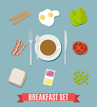 Breakfast set. including sausages, fried eggs, becon, tomato, pea, salad, toasts bread, jam and butter, coffee cup fork spoon and knife. vector illustration in flat design on blue backgroundのイラスト素材