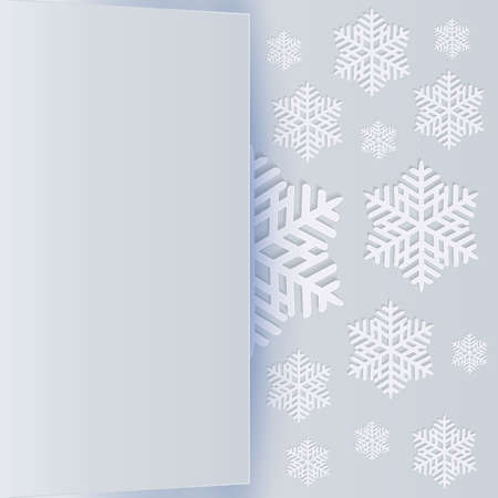 Winter holiday background with space for text, big snowflakes with shadow and tiny opened card page. vector illustration on white background, template for greetings christmas new year cardのイラスト素材