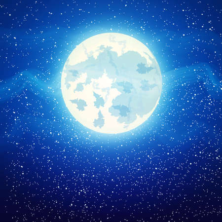 Full moon close up and around the stars with fog on dark blue background, vector illustrationのイラスト素材