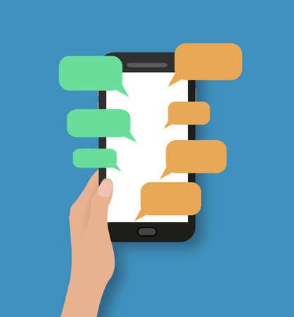 Hand holding black smartphone with chat bubbles. on blue background with shadows. のイラスト素材