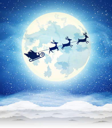 Winter landscape background of night sky with a bright moon and the silhouette of Santa Claus flying on sleigh pulled by reindeer.のイラスト素材