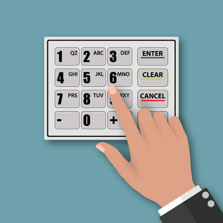 Human hand presses on the button of the ATMのイラスト素材