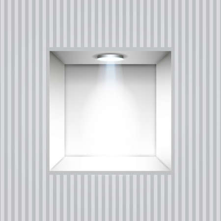 Empty white niche in the wall with lights on striped wallのイラスト素材
