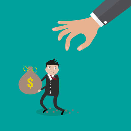 Cartoon hand tries to grab the bag of money running businessman. のイラスト素材