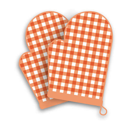 Two Red kitchen gloves with shadow and gingham pattern isolated on white background. のイラスト素材