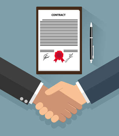Two cartoon Businessman handshake on contract paper and pen after agreement. vector illustration in flat design on blue backgroundのイラスト素材