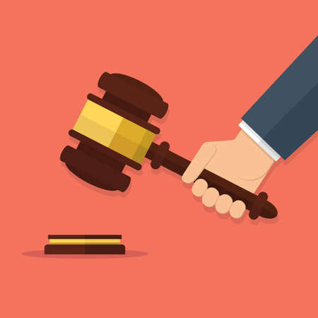 Hand holding judges gavel. vector illustration in flat design on red backgroundのイラスト素材