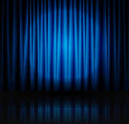 Blue spotlight on stage theatre curtain with reflection on floor. Vector illustrationのイラスト素材