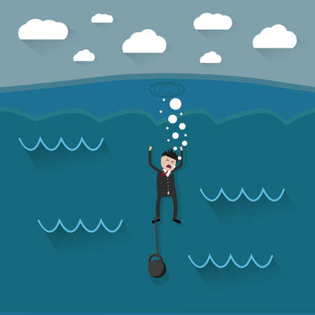 cartoon drowning businessman with chain on his leg. vector illustration in flat designの写真素材