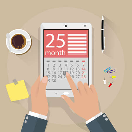 cartoon businessman clicks on the day calendar app on a tablet computer. top view background of office desk with coffee cup, pen, sticky notes. vector illustration in flat designのイラスト素材