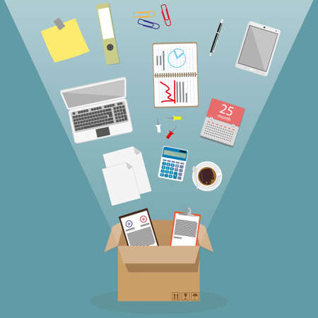 Concept of moving into a new office, cardboard box with documents, laptop, calculator, calendar, tablet pc, coffe cup, blank papers. vector illustration in flat design on blue backgroundのイラスト素材