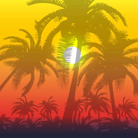 Palm silhouette background with evening sun. Vector illustration.のイラスト素材