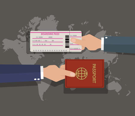 passport with boarding pass on world map background. vector illustration in flat designのイラスト素材