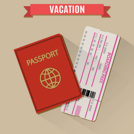 Passport and boarding pass ticket icon with shadows and sign in red frame. Vector illustration in flat designのイラスト素材