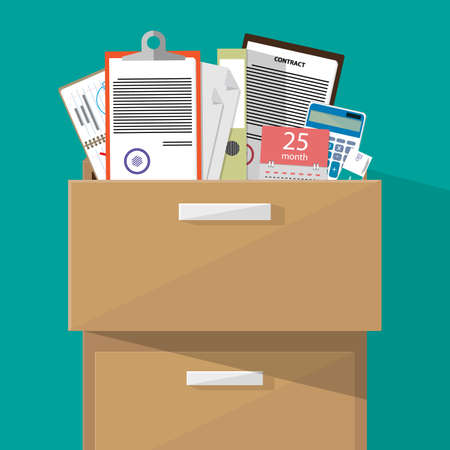 Office furniture. Case, box with folders document papers, calendar, contract, calculator. vector illustration in flat design on green backgroundのイラスト素材