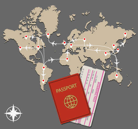 World map with jet routes and passport with boarding pass on grey background. traveling concept. illustrationのイラスト素材