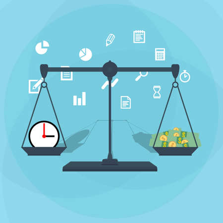 Scale weighing money and time. financial concept. illustration in flat design on blue backgroundのイラスト素材