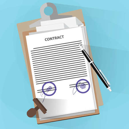 Agreement documents concept, contract, documents folder, pencil and stamp. illustration in flat design on blue backgroundのイラスト素材