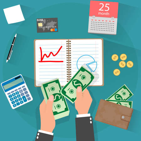 income concept. businessman counting cash money, calculator, wallet with cash and coins, credit card, pen on blue background. illustration in flat designのイラスト素材