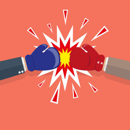Two carrtoon businessman hands boxing in gloves, fighing business, illustration in flat design on...