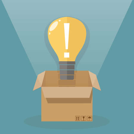 Light bulb outside the box. idea concept. illustration in flat design on blue backgroundのイラスト素材