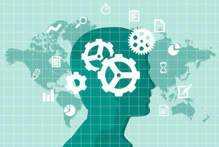 Flat style illustration brainstorming process concept. Human head silhouette with gear. World map...