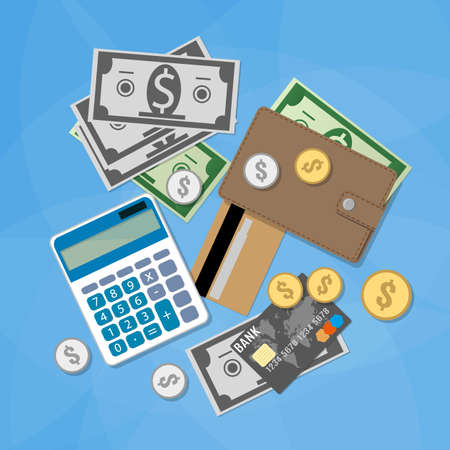 Set of financial money items. Calculator, silver gold coins, dollar cash, credit card, wallet. illustration in flat design on blue backgroundの写真素材