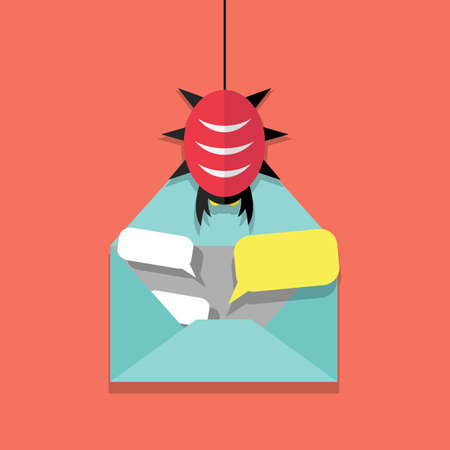 Infected email icon. opened mail and virus malware bug. vector illustration in flat design on red backgroundのイラスト素材