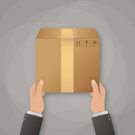 Delivery concept. Hands holding cardboard package. vector illustration on grey backgroundのイラスト素材