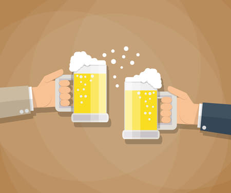cartoon businessman hands toasting glasses of beer. Business successful and partnership concept. vector illustration in flat design on brown backgroundのイラスト素材