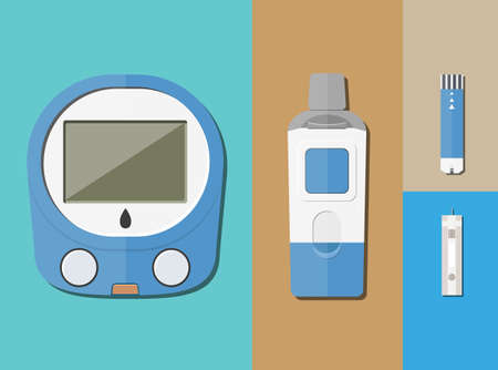 Glucose Meter and accessories set with lancet device, Glucose Electrode Strips. vector illustration...