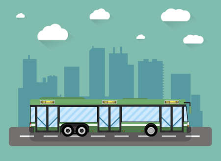 Green city bus in front of city silhouette and sky with clouds, vector illustration in flat designのイラスト素材