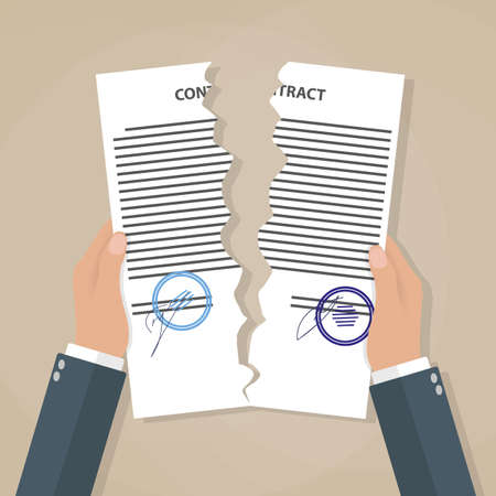 Cartoon businessman hands tearing apart contract. Contract termination concept. vector illustration in flat design on brown backgroundのイラスト素材