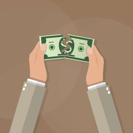 Cartoon businessman hands tearing apart money bill dollar in half. vector illustration in flat design on brown backgroundのイラスト素材