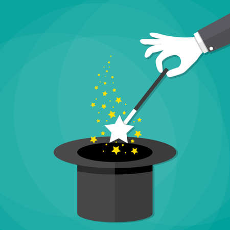 Cartoon Magicians hands in white gloves holding a magic wand with stars sparks above black magic hat. vector illustration in flat design on green backgroundのイラスト素材