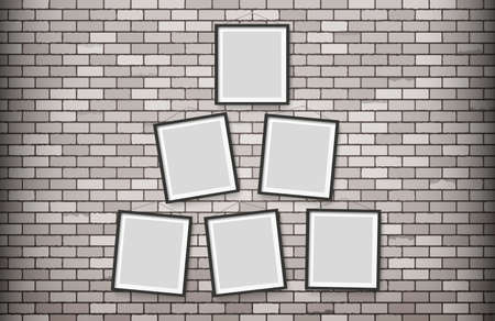 Six wooden black photo picture frames on the white bricks wall. vector illustrationのイラスト素材