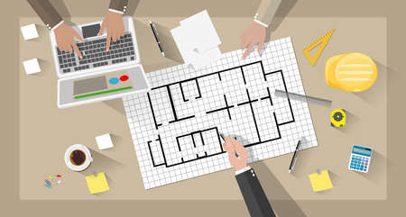 cartoon Construction engineers teamwork concept, desktop with work tools, laptop. vector illustration in flat design on brown backgroundのイラスト素材
