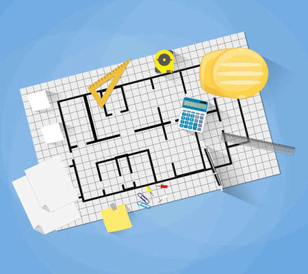 Cartoon Construction engineer desktop with work tools, vector illustration in flat design on blue backgroundのイラスト素材