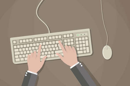 Cartoon hands on white keyboard and mouse of computer. Desk office worker concept. Computer, internet, typing. vector illustration in flat design on brown backgroundのイラスト素材