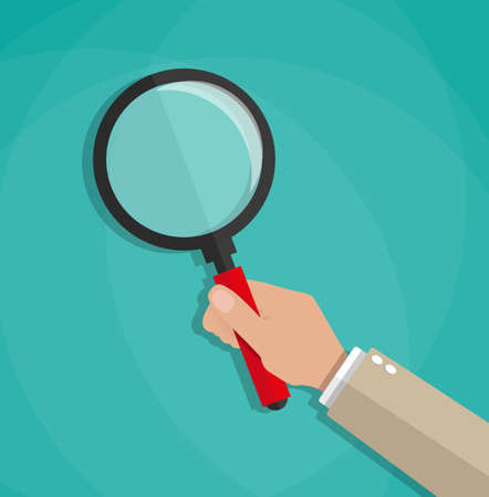 cartoon hand holding a magnifying glass. vector illustration in falt design on green backgroundのイラスト素材