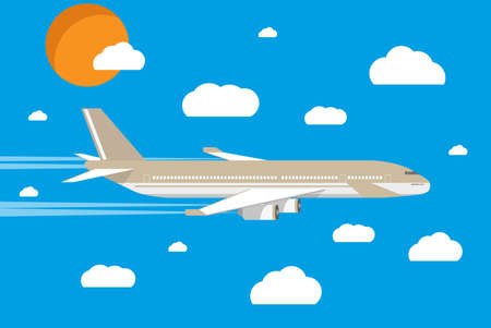picture of a grey civilian plane with clouds and sun. vector illustration in flat design. travel conceptのイラスト素材