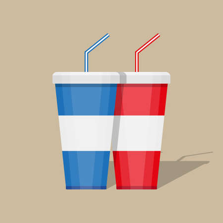 Red and blue paper cups for soft drinks with drinking straw, Vector illustration in flat design on brown backgroundのイラスト素材