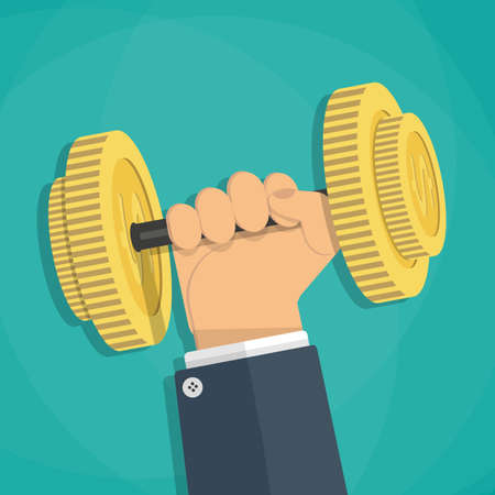 Business executive power lifting barbell made of golden coin.  business financial strength and financial health. vector illustration in flat design on green backgroundのイラスト素材