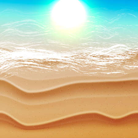 Realistic summer background with ocean sea beach and tropical sea with sun reflection in the water. Vacation holydays idea, vector illustrationのイラスト素材