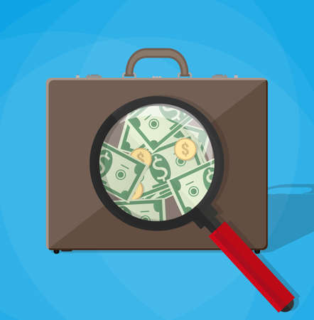 magnifier on a brown leather businessmans briefcase and see money.. vector illustration in flat design on blue backgroundのイラスト素材