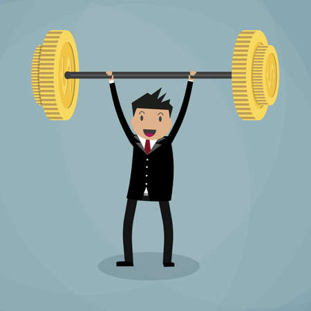 Business executive power lifting barbell made of golden coin.  business financial strength and financial health. vector illustration in flat design on green backgroundのイラスト素材