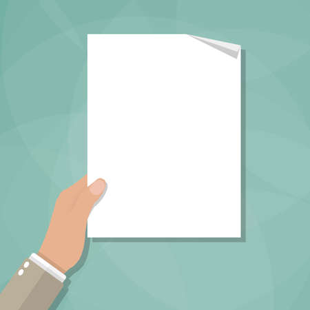 Cartoon businessman hand holding empty blank paper. vector illustration in flat design on green backgroundのイラスト素材