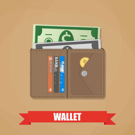 Opened brown leather wallet. With plastic cards, coin and dollar cash. vector illustration in flat design on brown backgroundのイラスト素材